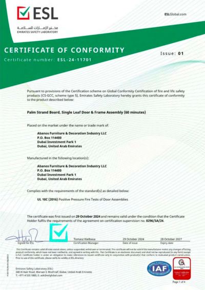 Door 60Min UL10C Single Leaf PSB Frame 4 Layer 3 Meter Certificate